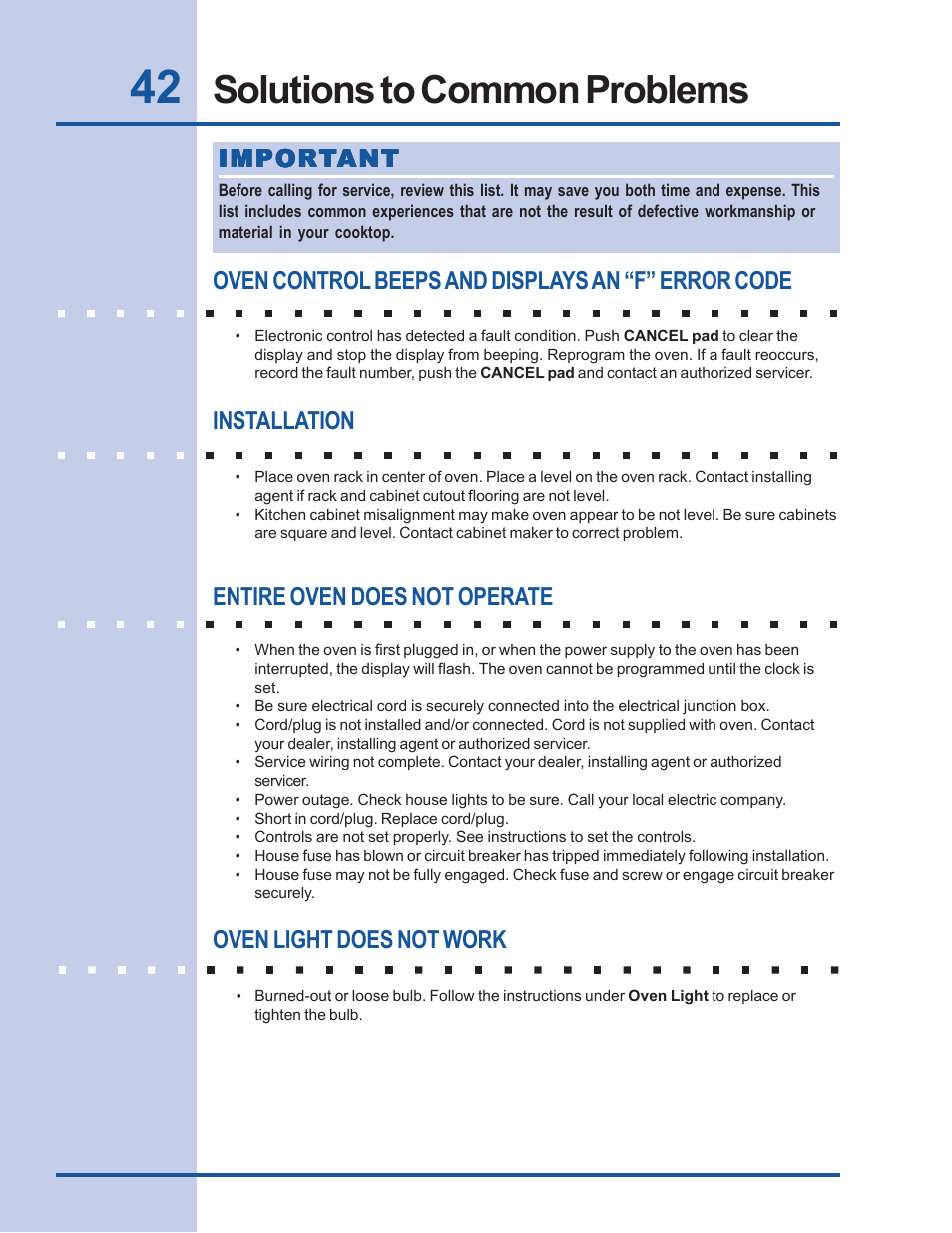 Solutions to common problems | Electrolux Built-In Wall Oven User Manual | Page 42 / 44