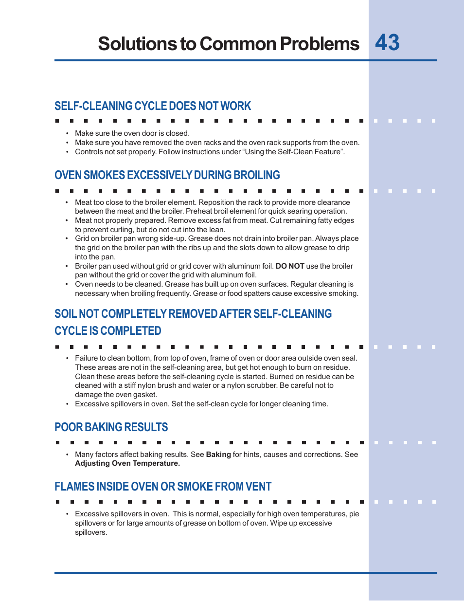 Solutions to common problems, Self-cleaning cycle does not work, Oven smokes excessively during broiling | Poor baking results, Flames inside oven or smoke from vent | Electrolux Built-In Wall Oven User Manual | Page 43 / 44