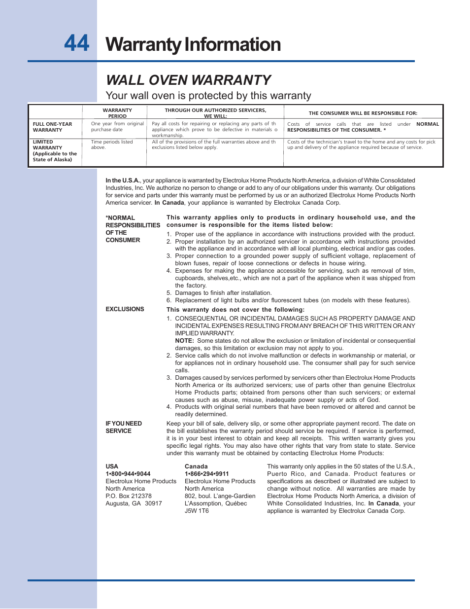 Warranty information, Wall oven warranty, Your wall oven is protected by this warranty | Electrolux Built-In Wall Oven User Manual | Page 44 / 44