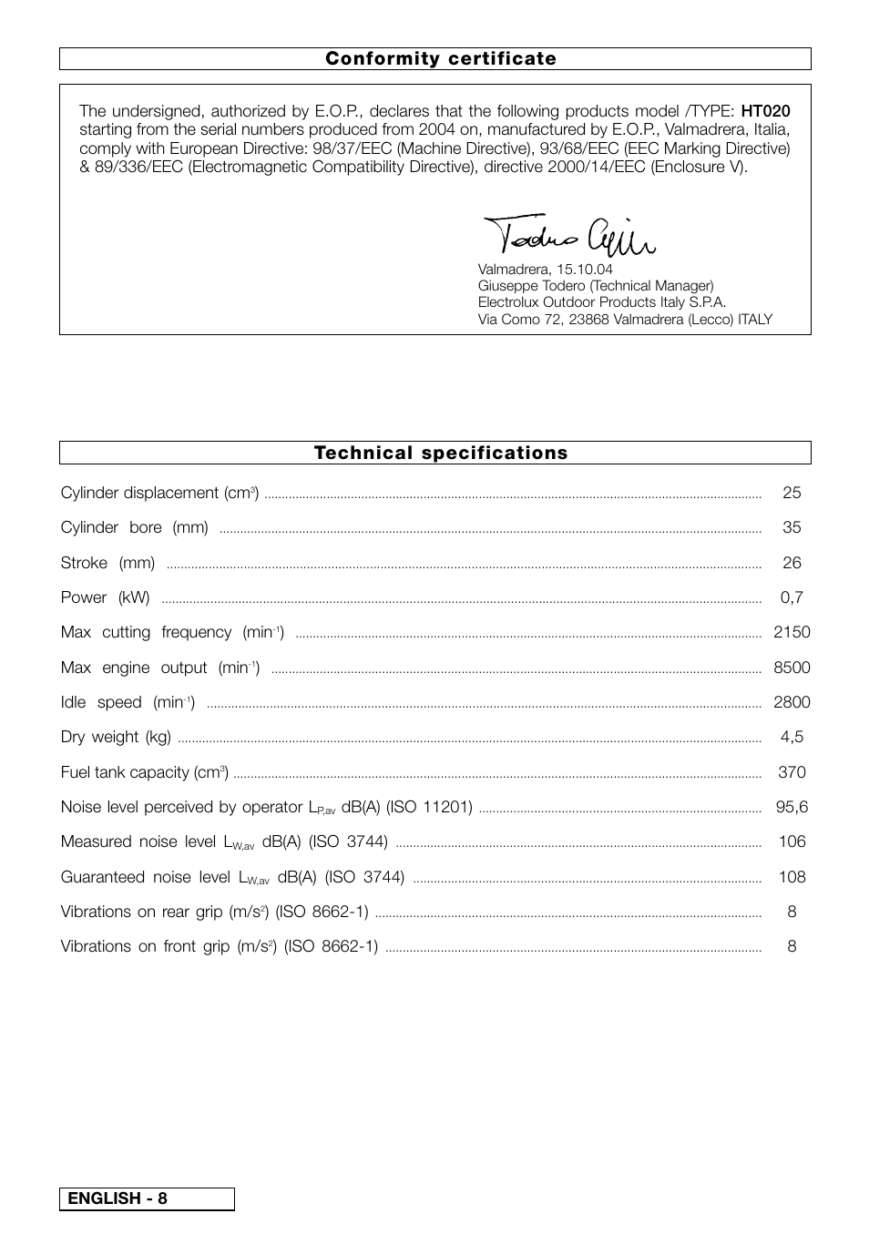 Technical specifications, Conformity certificate | Electrolux HT020 User Manual | Page 10 / 10