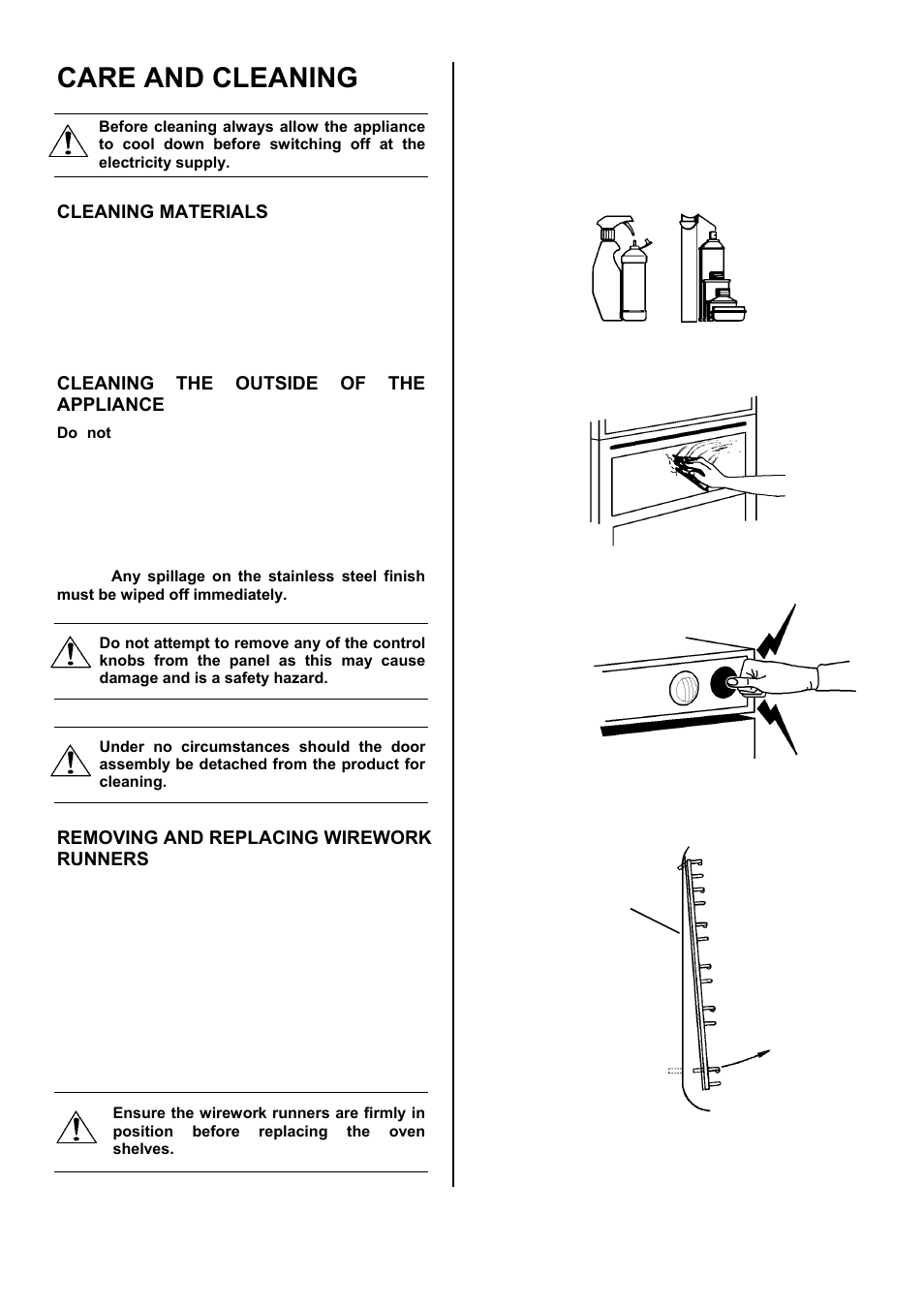 Care and cleaning, Cleaning materials, Cleaning the outside of the appliance | Removing and replacing wirework runners | Electrolux D1100-4 User Manual | Page 21 / 36