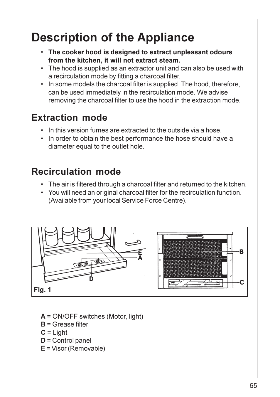 Description of the appliance, Extraction mode, Recirculation mode | Electrolux DF 6160 User Manual | Page 6 / 21