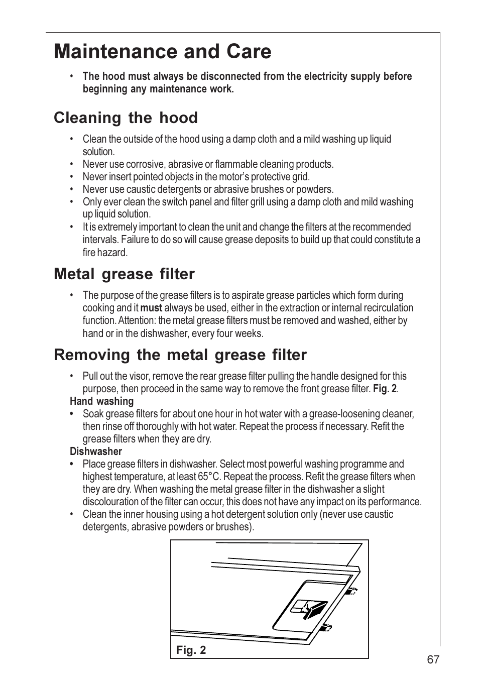 Maintenance and care, Cleaning the hood, Metal grease filter | Removing the metal grease filter | Electrolux DF 6160 User Manual | Page 8 / 21
