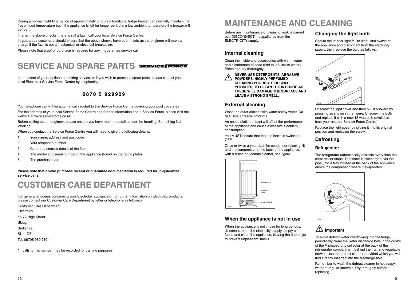 Maintenance and cleaning, Customer care department, Service and spare parts | Electrolux ER 7821 B User Manual | Page 9 / 20