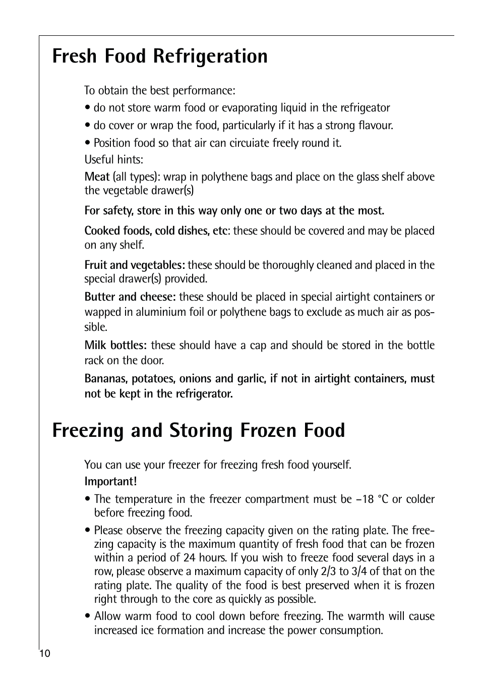 Fresh food refrigeration, Freezing and storing frozen food | Electrolux C 9 18 44-5 i User Manual | Page 10 / 24