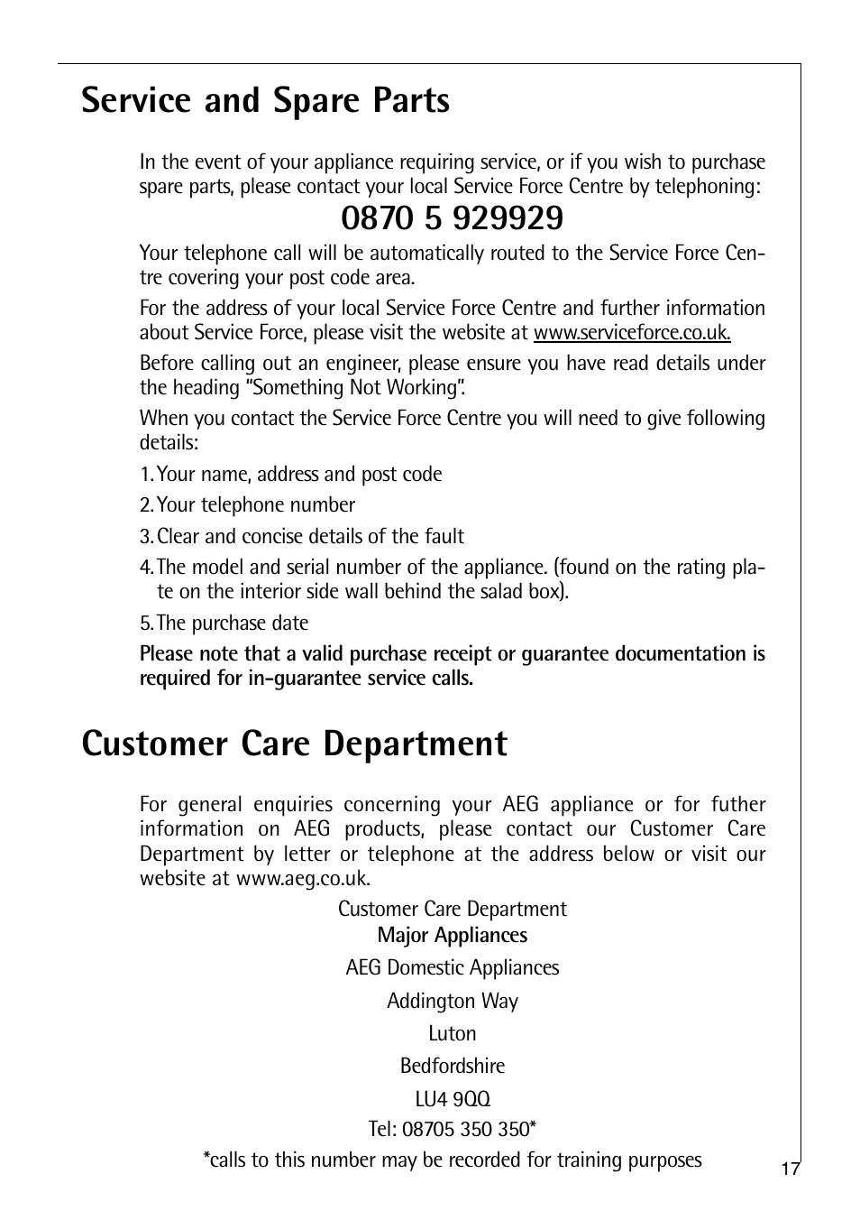 Service and spare parts, Customer care department | Electrolux C 9 18 44-5 i User Manual | Page 17 / 24