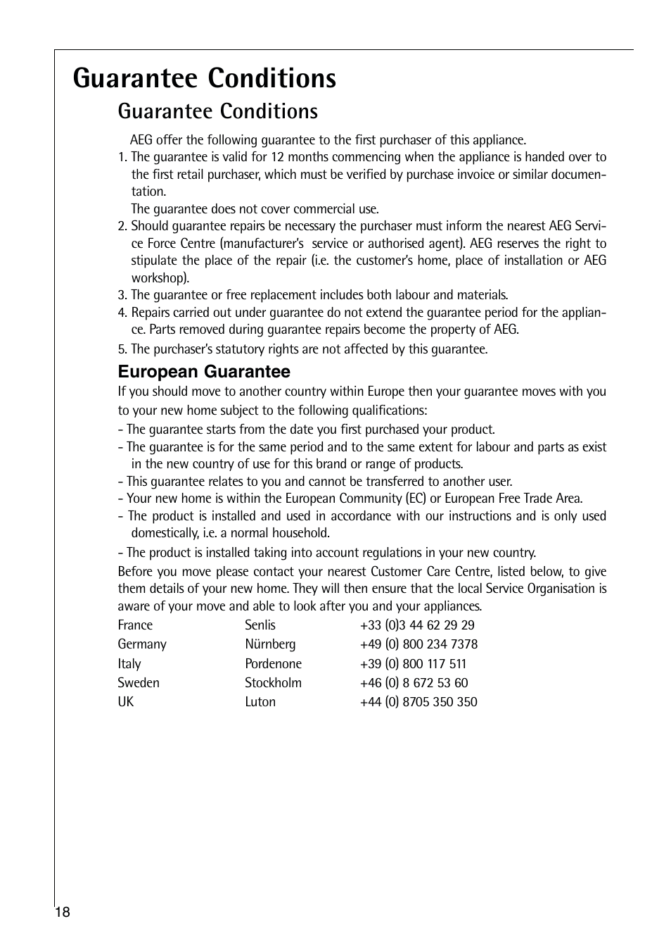 Guarantee conditions | Electrolux C 9 18 44-5 i User Manual | Page 18 / 24