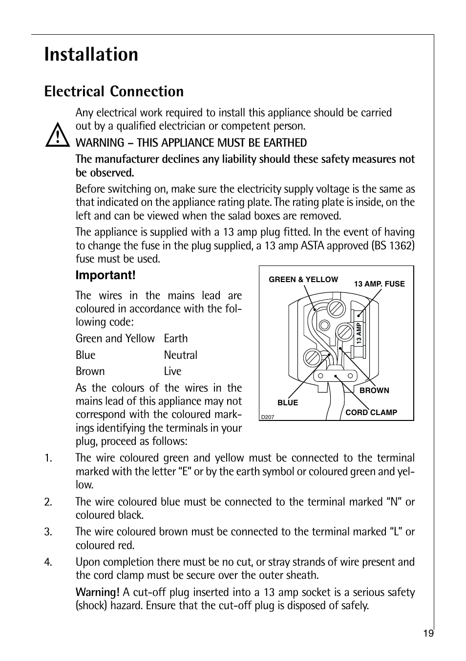 Installation, Electrical connection | Electrolux C 9 18 44-5 i User Manual | Page 19 / 24