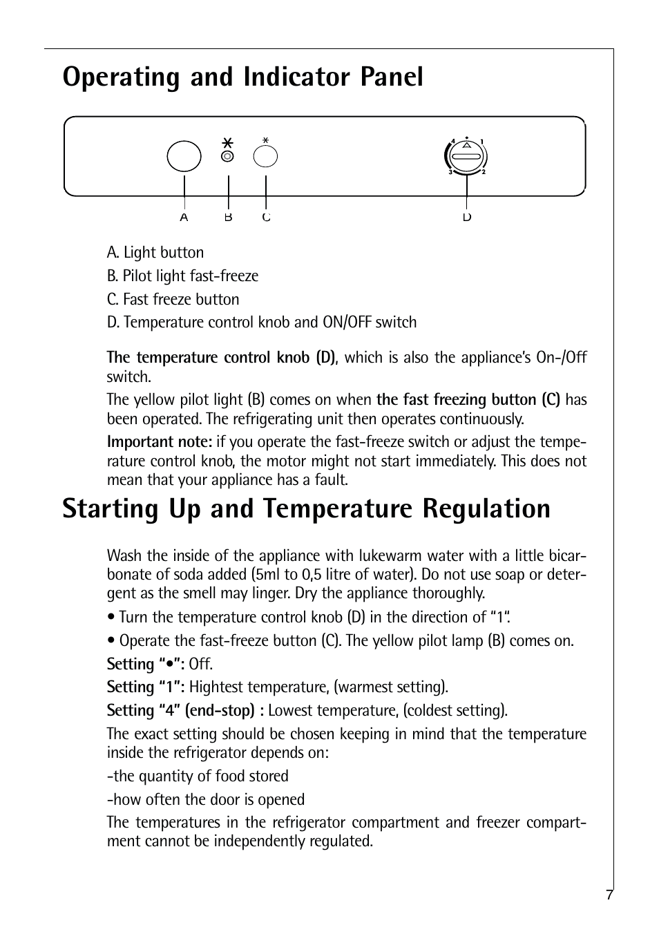 Operating and indicator panel, Starting up and temperature regulation | Electrolux C 9 18 44-5 i User Manual | Page 7 / 24
