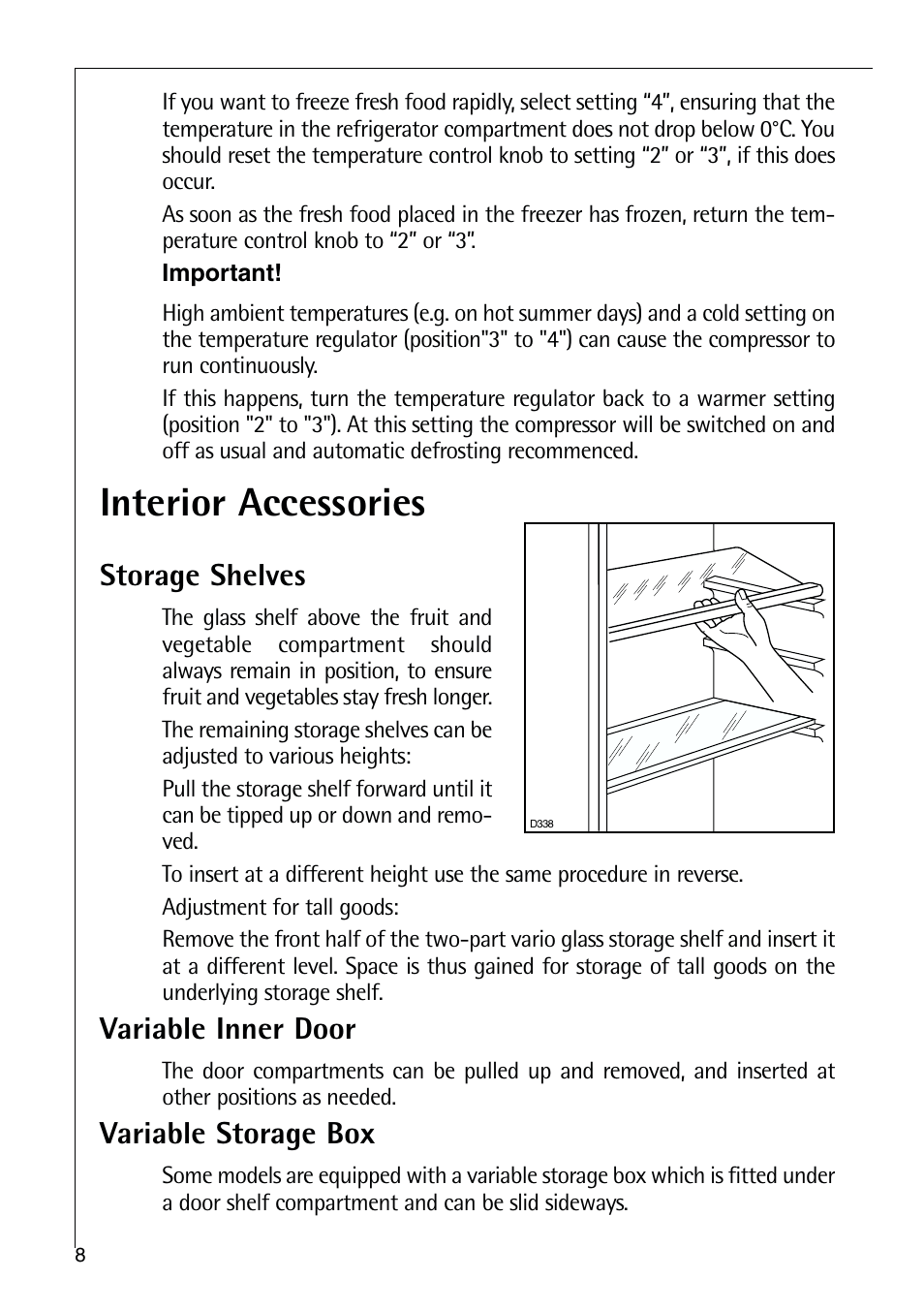 Interior accessories, Storage shelves, Variable inner door | Variable storage box | Electrolux C 9 18 44-5 i User Manual | Page 8 / 24