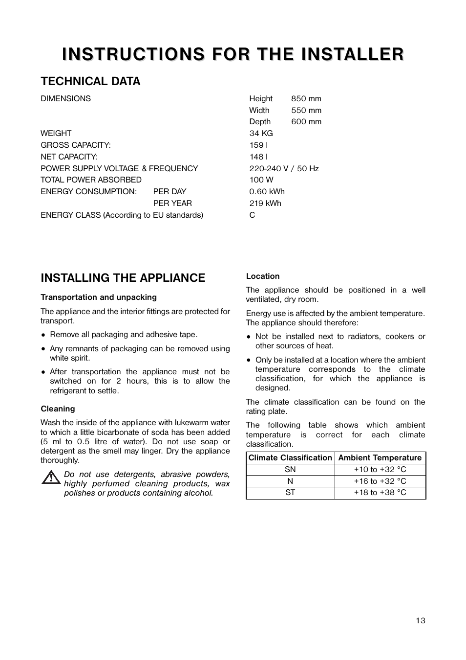 Installing the appliance, Technical data | Electrolux 160 LA User Manual | Page 13 / 16