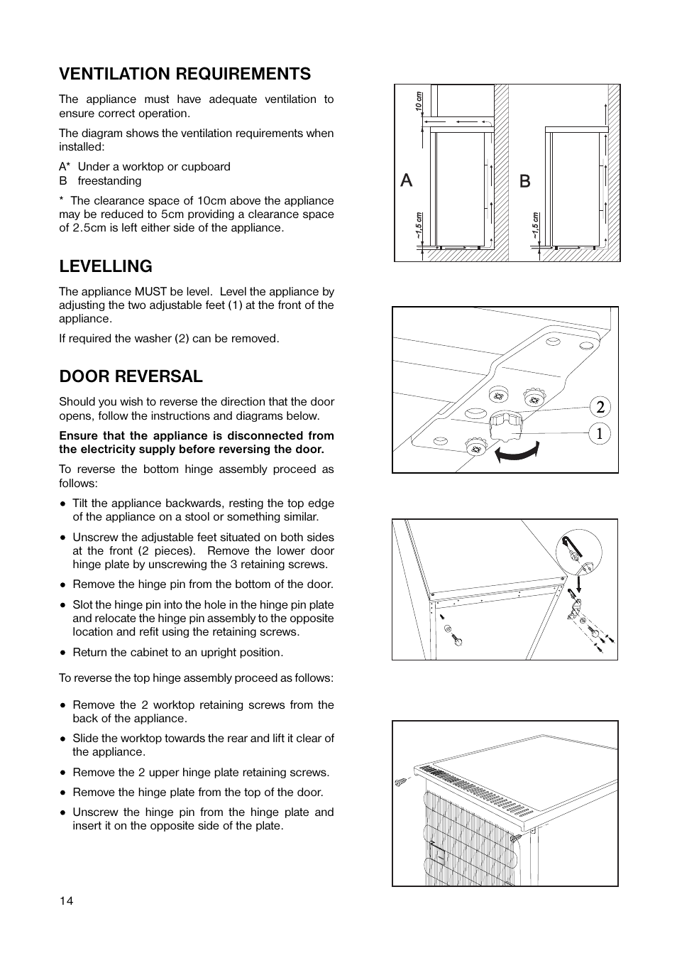 Ventilation requirements, Levelling, Door reversal | Electrolux 160 LA User Manual | Page 14 / 16