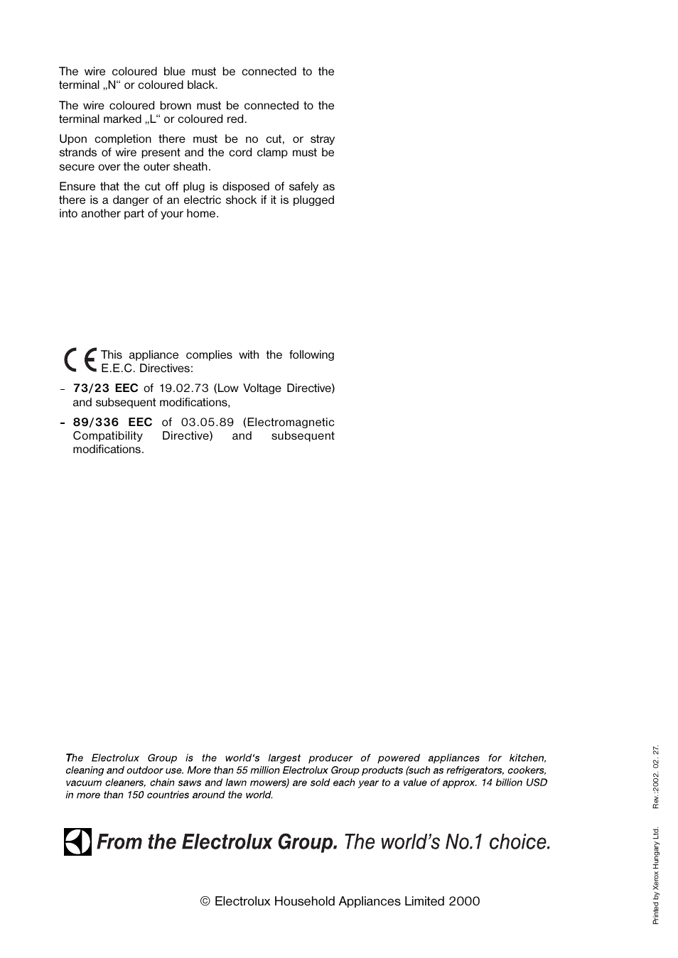 Electrolux household appliances limited 2000 | Electrolux 160 LA User Manual | Page 16 / 16