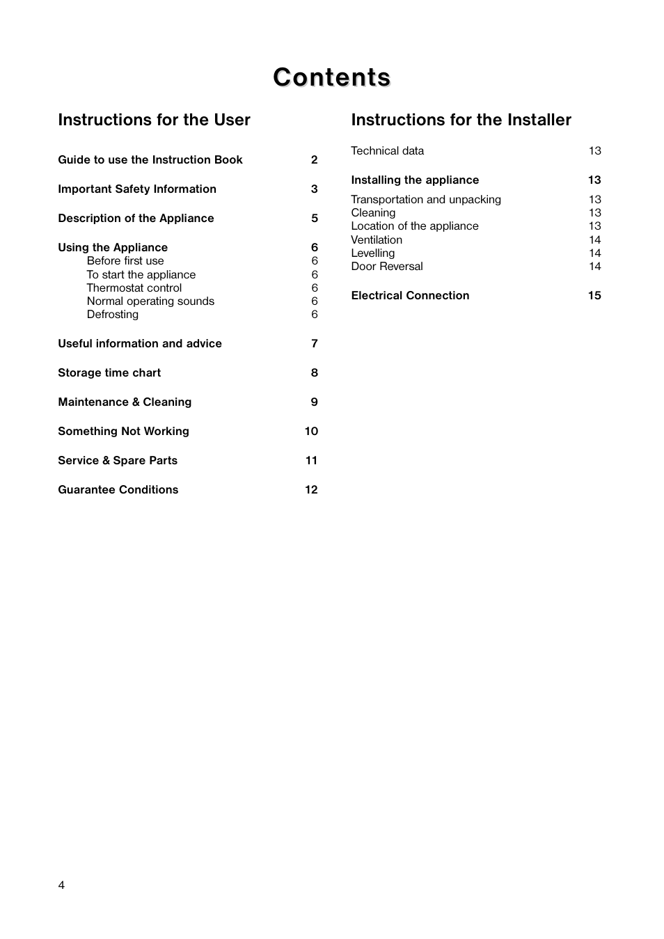 Cont, Cont ents ents, Instructions for the installer | Instructions for the user | Electrolux 160 LA User Manual | Page 4 / 16