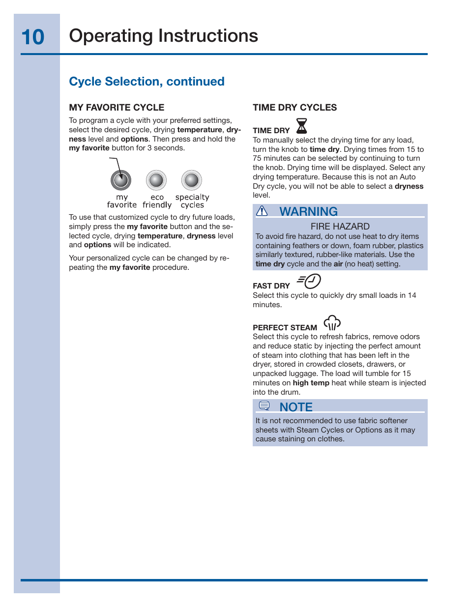 Operating instructions, Cycle selection, continued, Warning | Electrolux IQ-Touch Front-Load Gas & Electric Dryer 137464900 A User Manual | Page 10 / 20