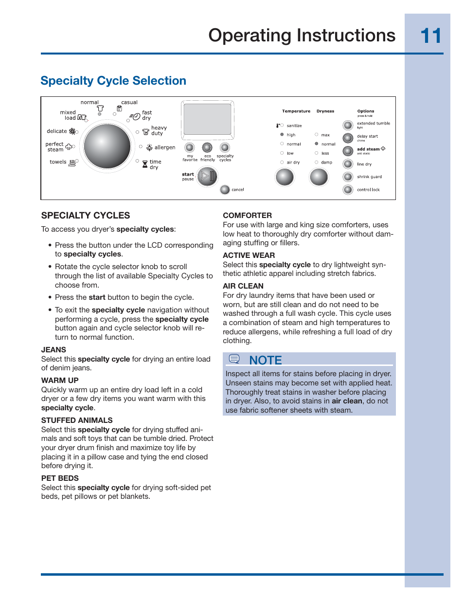 Operating instructions, Specialty cycle selection | Electrolux IQ-Touch Front-Load Gas & Electric Dryer 137464900 A User Manual | Page 11 / 20