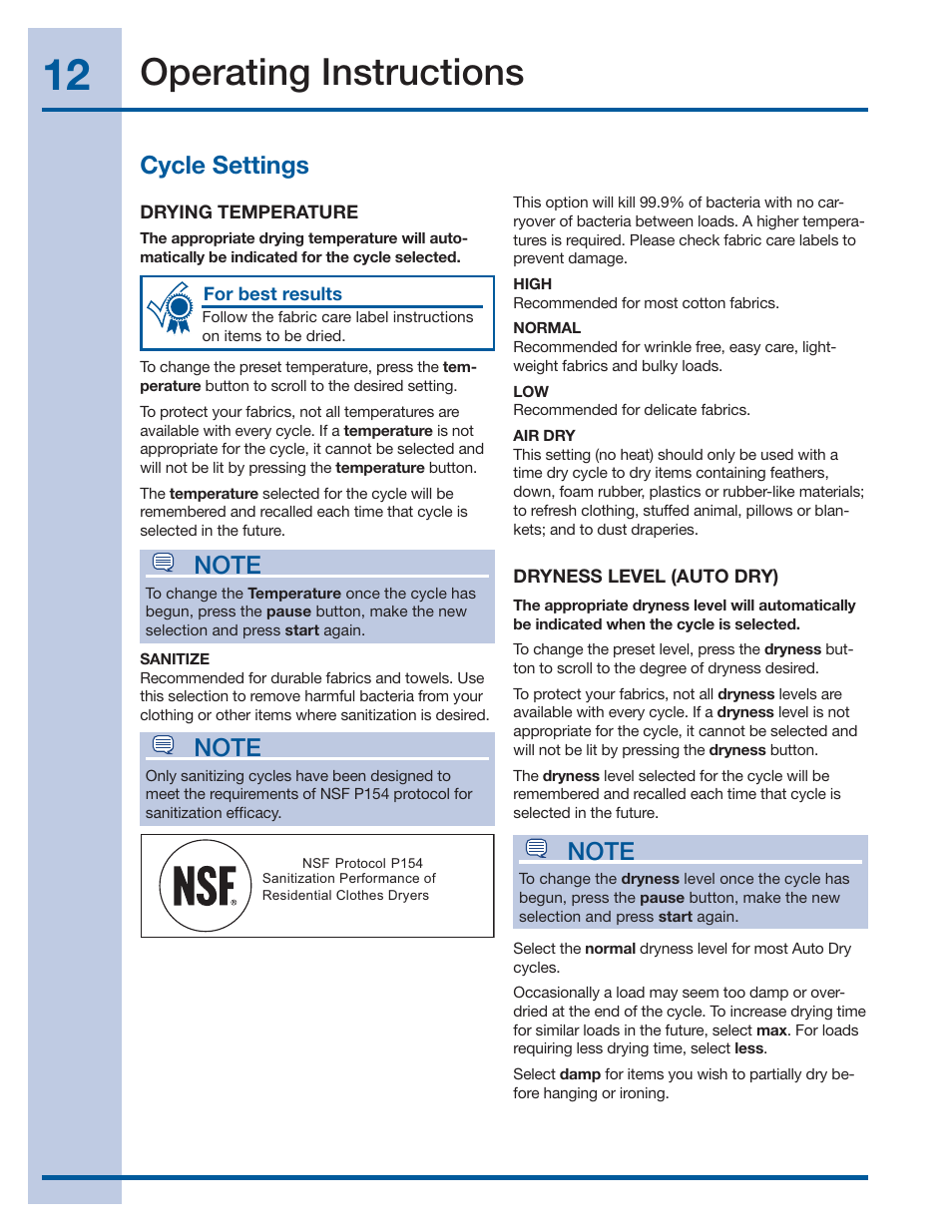 Operating instructions, Cycle settings | Electrolux IQ-Touch Front-Load Gas & Electric Dryer 137464900 A User Manual | Page 12 / 20