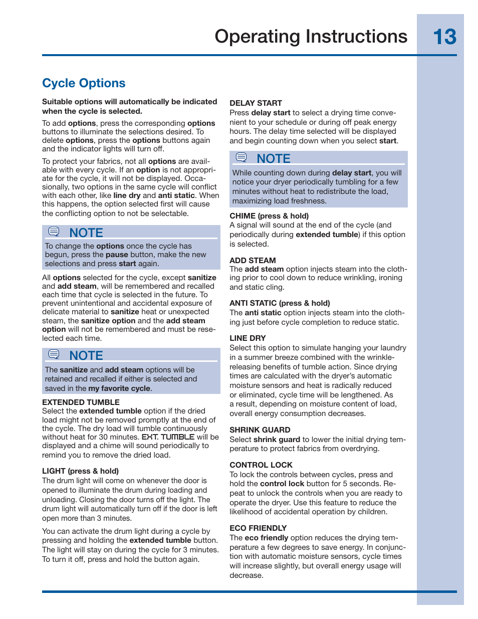 Operating instructions, Cycle options | Electrolux IQ-Touch Front-Load Gas & Electric Dryer 137464900 A User Manual | Page 13 / 20