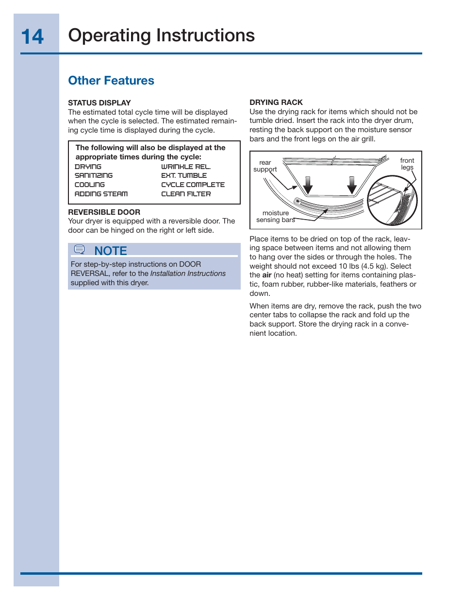 Operating instructions, Other features | Electrolux IQ-Touch Front-Load Gas & Electric Dryer 137464900 A User Manual | Page 14 / 20