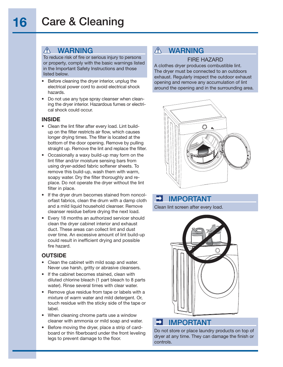Care & cleaning, Warning, Important | Electrolux IQ-Touch Front-Load Gas & Electric Dryer 137464900 A User Manual | Page 16 / 20