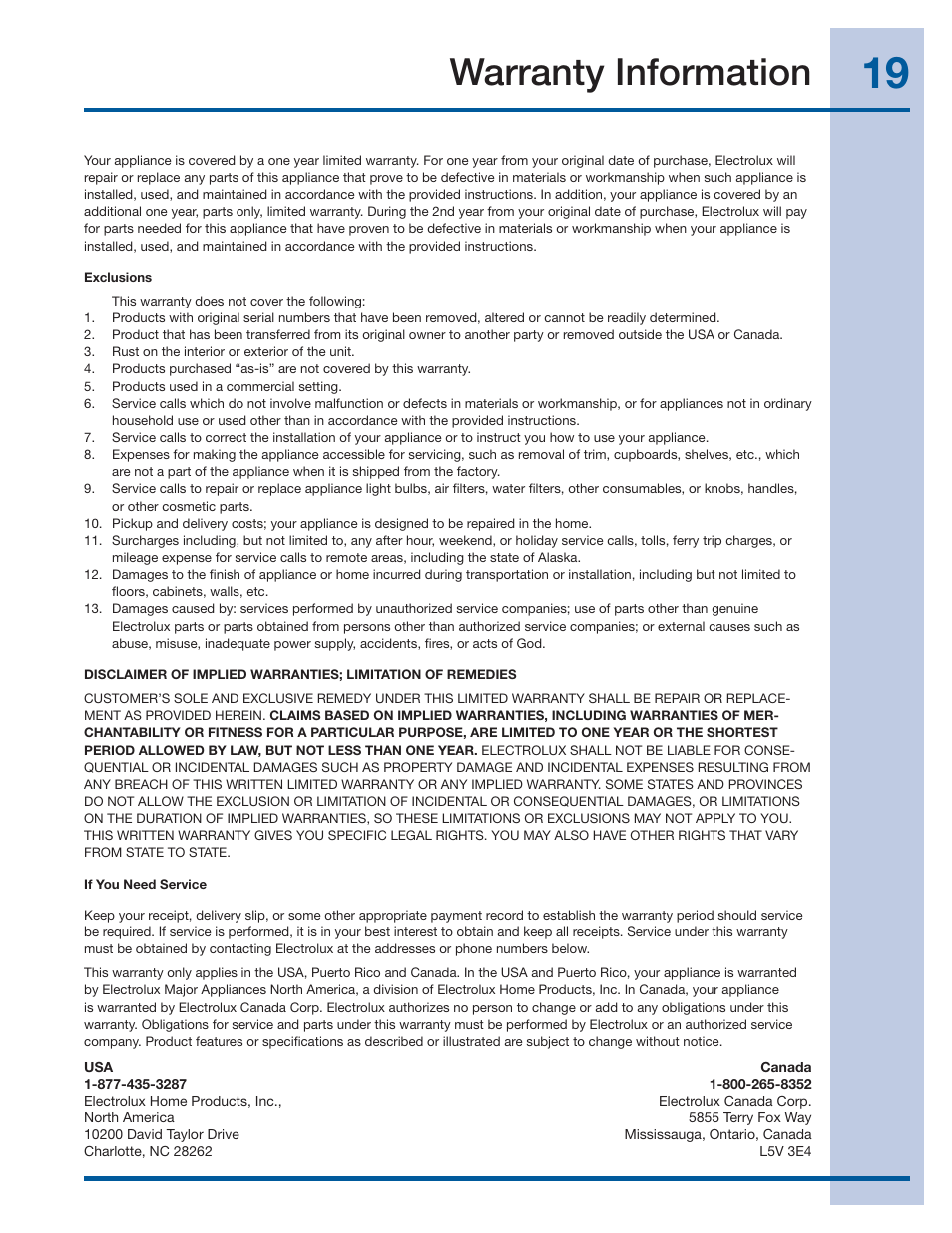 Warranty information | Electrolux IQ-Touch Front-Load Gas & Electric Dryer 137464900 A User Manual | Page 19 / 20