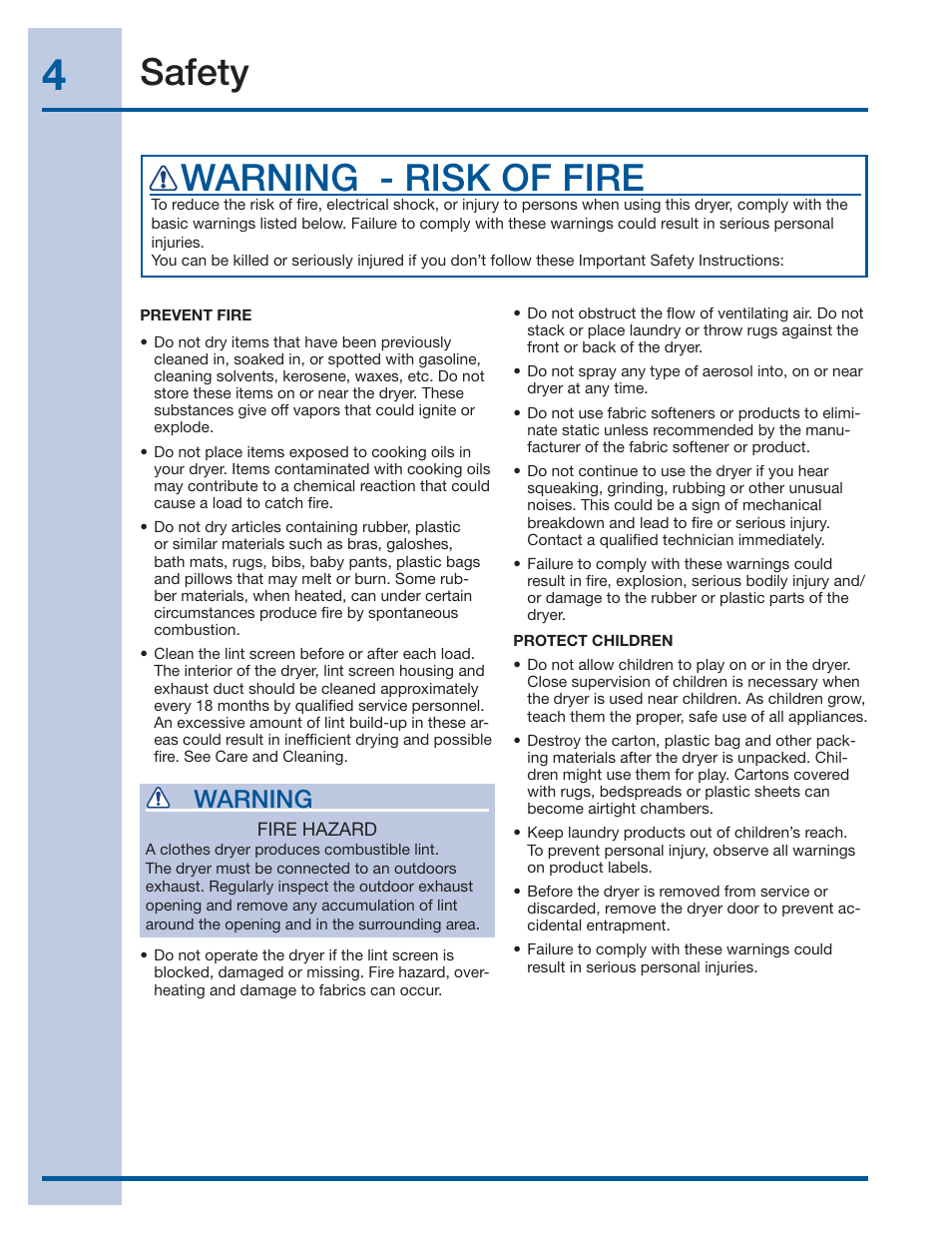 Safety, Warning - risk of fire, Warning | Electrolux IQ-Touch Front-Load Gas & Electric Dryer 137464900 A User Manual | Page 4 / 20
