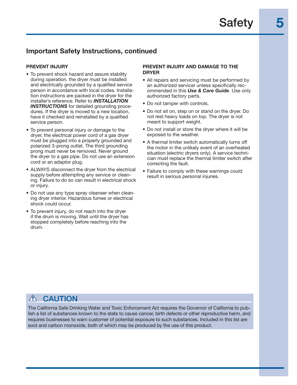 Safety, Caution, Important safety instructions, continued | Electrolux IQ-Touch Front-Load Gas & Electric Dryer 137464900 A User Manual | Page 5 / 20