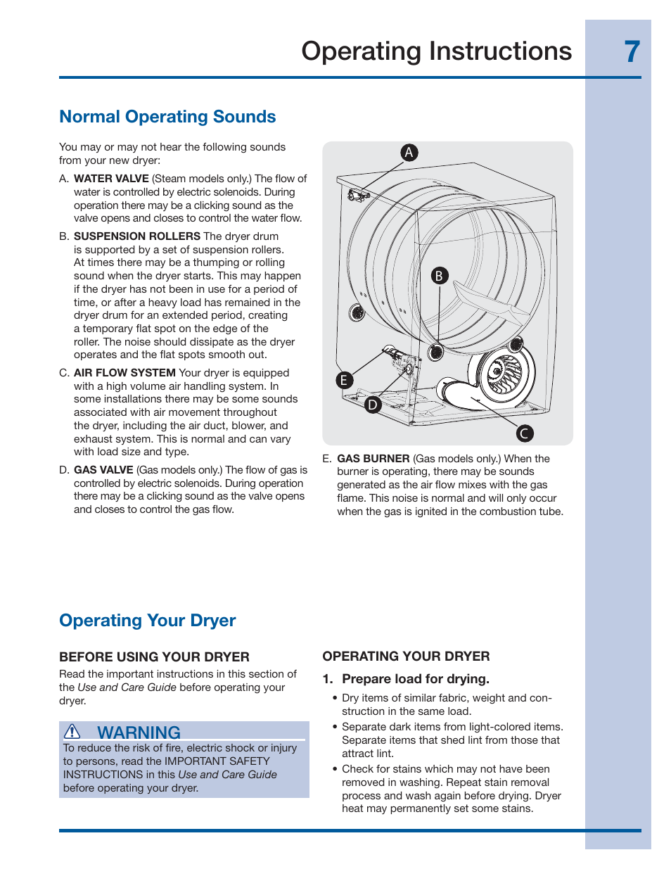 Operating instructions, Normal operating sounds, Operating your dryer | Warning | Electrolux IQ-Touch Front-Load Gas & Electric Dryer 137464900 A User Manual | Page 7 / 20