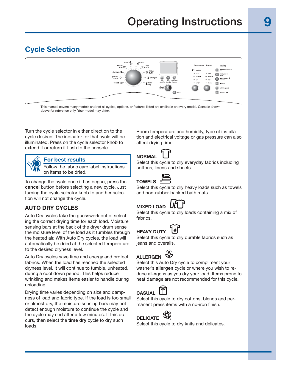 Operating instructions, Cycle selection | Electrolux IQ-Touch Front-Load Gas & Electric Dryer 137464900 A User Manual | Page 9 / 20