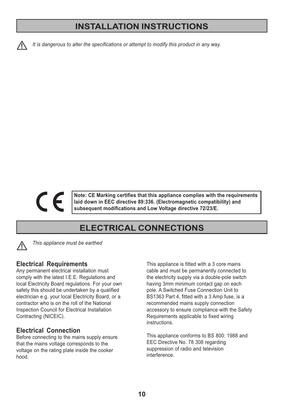 Installation instructions, Electrical connections, Electrical requirements | Electrical connection | Electrolux CH120 User Manual | Page 10 / 20