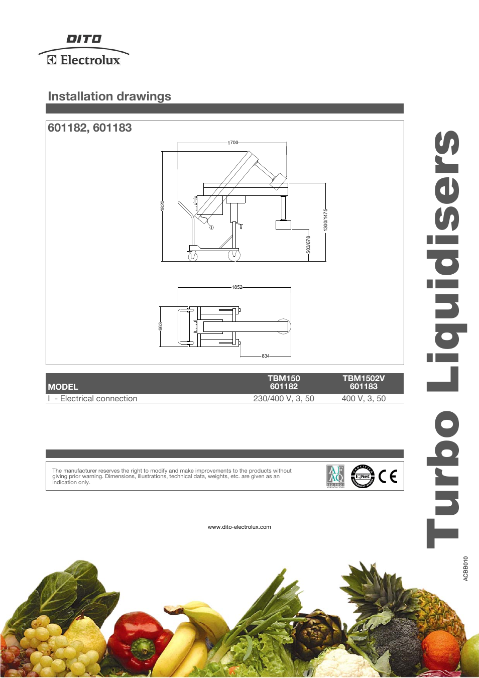 Turbo liquidisers, Installation drawings | Electrolux Dito 601182 User Manual | Page 3 / 3