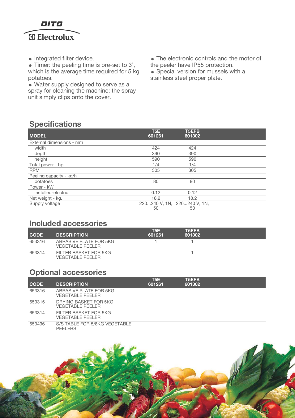 Specifications, Included accessories, Optional accessories | Electrolux T5EFB User Manual | Page 2 / 4