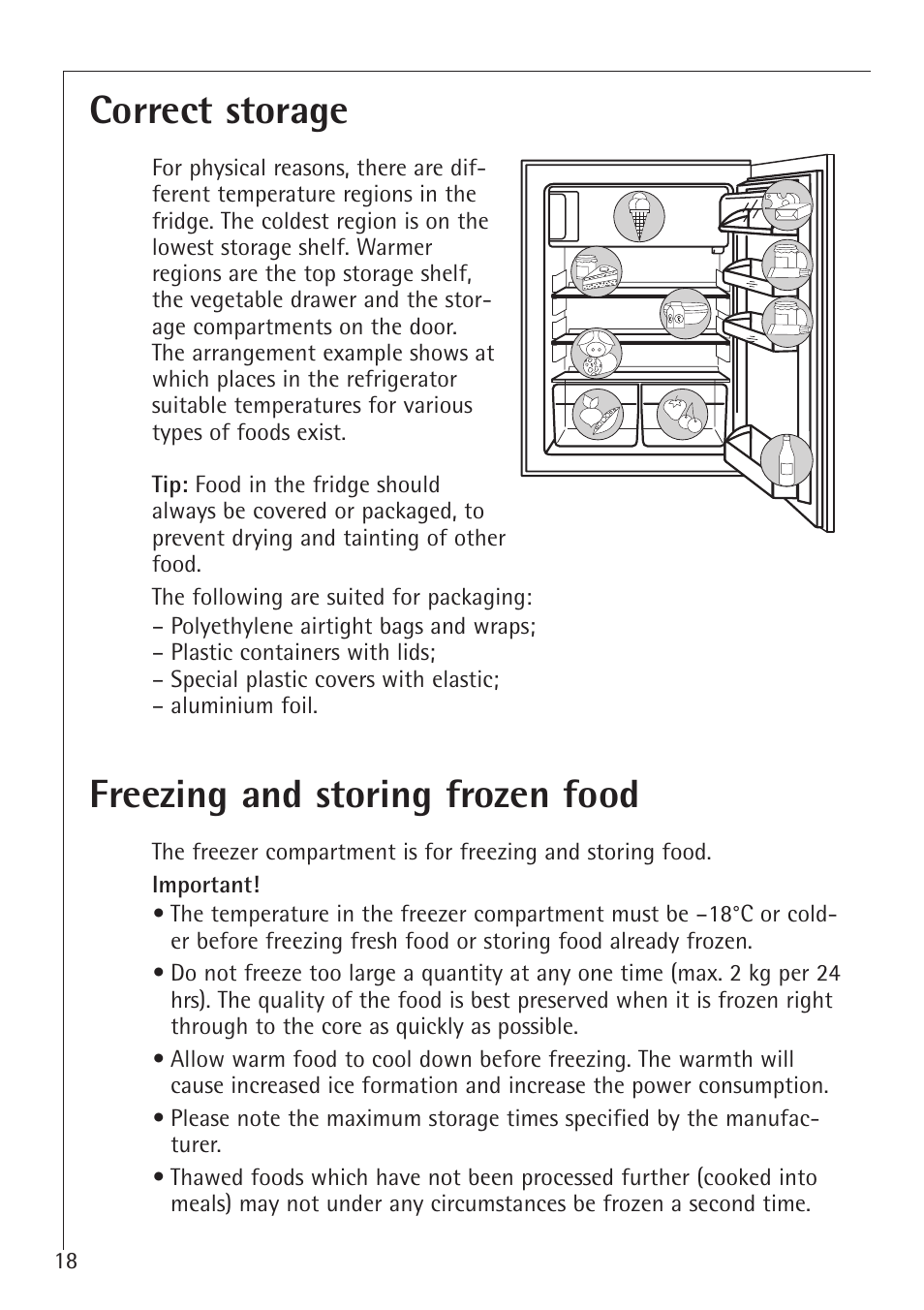 Correct storage, Freezing and storing frozen food | Electrolux 1583-8 TK User Manual | Page 18 / 28