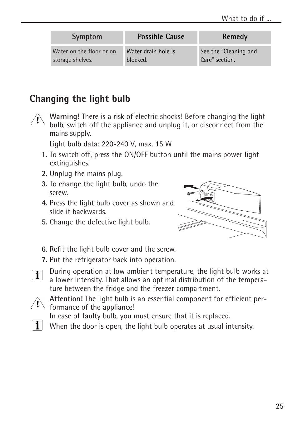Changing the light bulb | Electrolux 1583-8 TK User Manual | Page 25 / 28