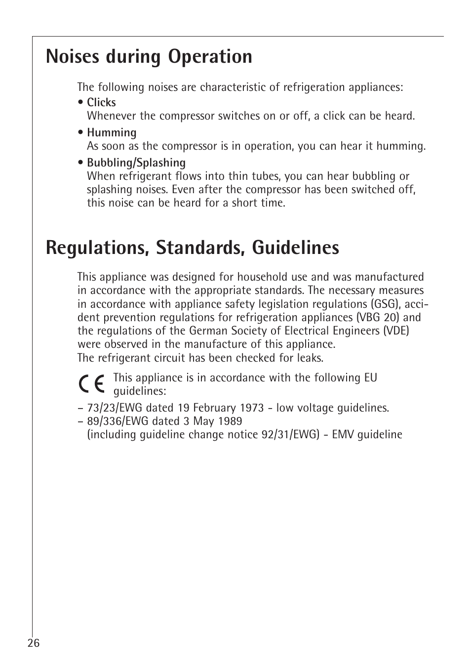 Noises during operation, Regulations, standards, guidelines | Electrolux 1583-8 TK User Manual | Page 26 / 28