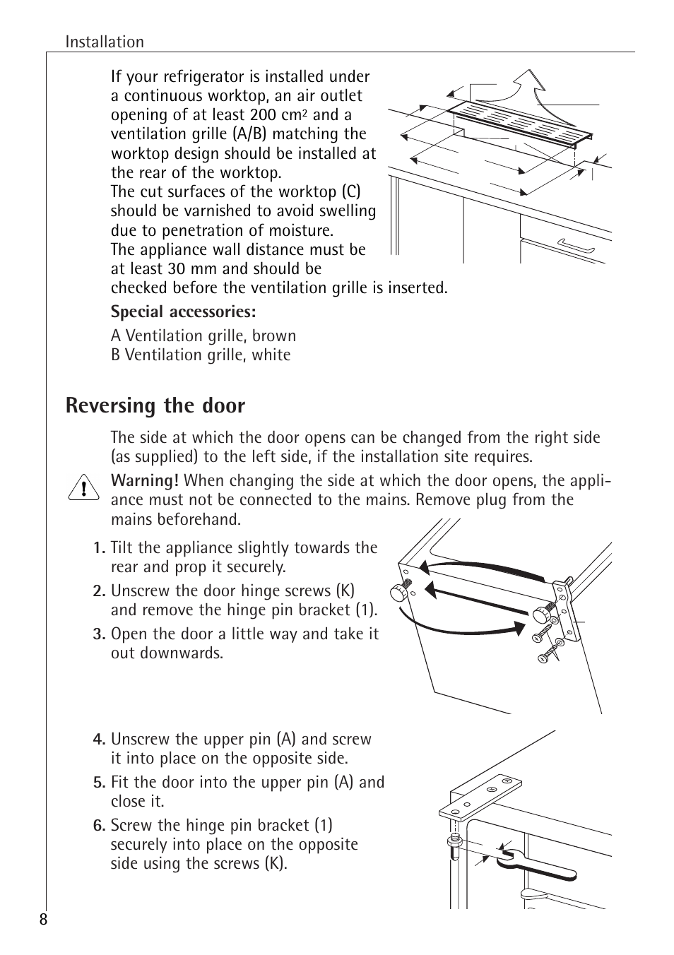 Reversing the door | Electrolux 1583-8 TK User Manual | Page 8 / 28