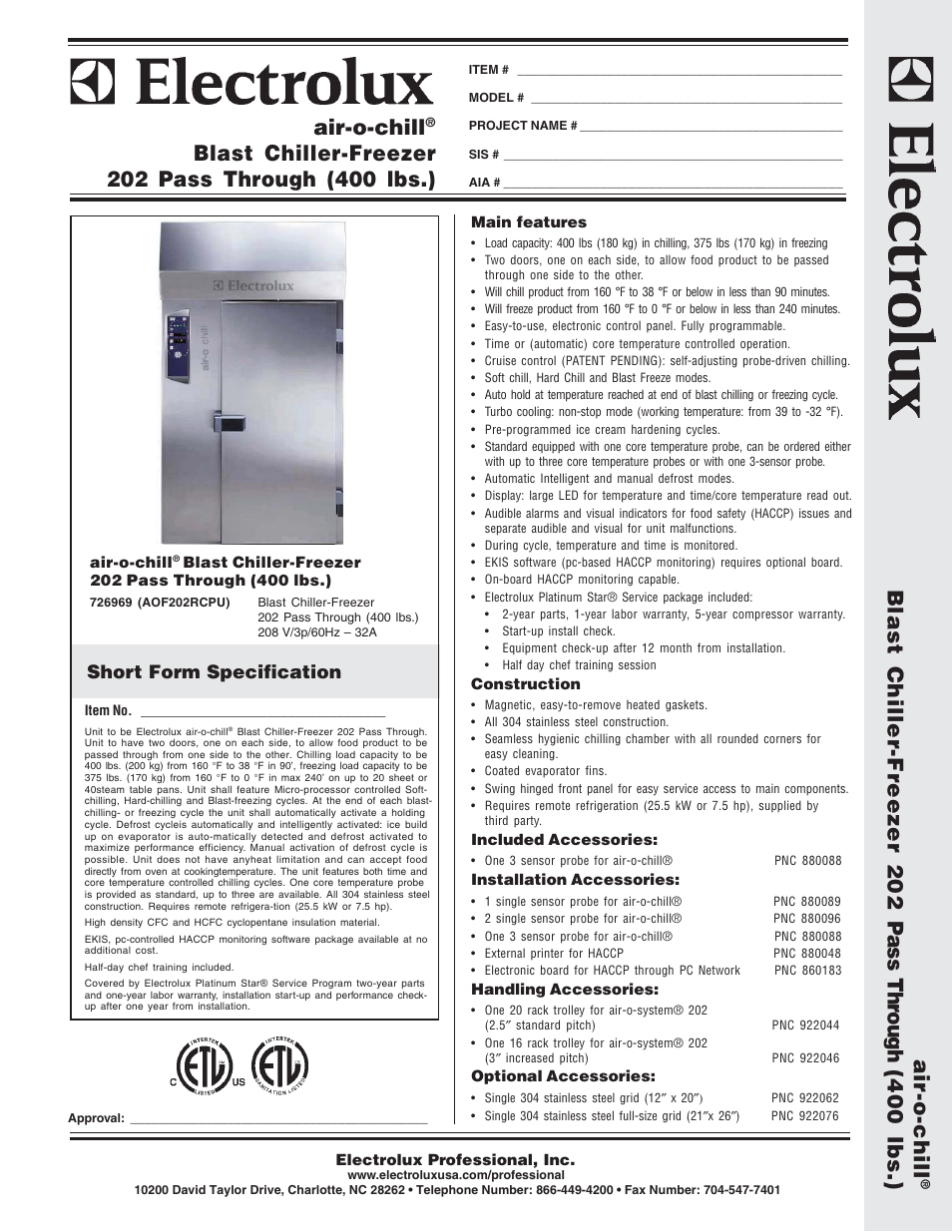 Electrolux Air-O-Chill AOF202RCPU User Manual | 2 pages