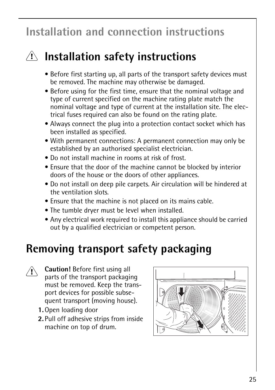 Removing transport safety packaging 1 | Electrolux lavatherm 56800 User Manual | Page 25 / 32