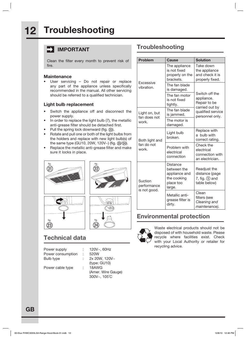 Troubleshooting warranty information, Technical data, Troubleshooting | Environmental protection, Warranty information, Important | FRIGIDAIRE FHWC3055LS User Manual | Page 12 / 13