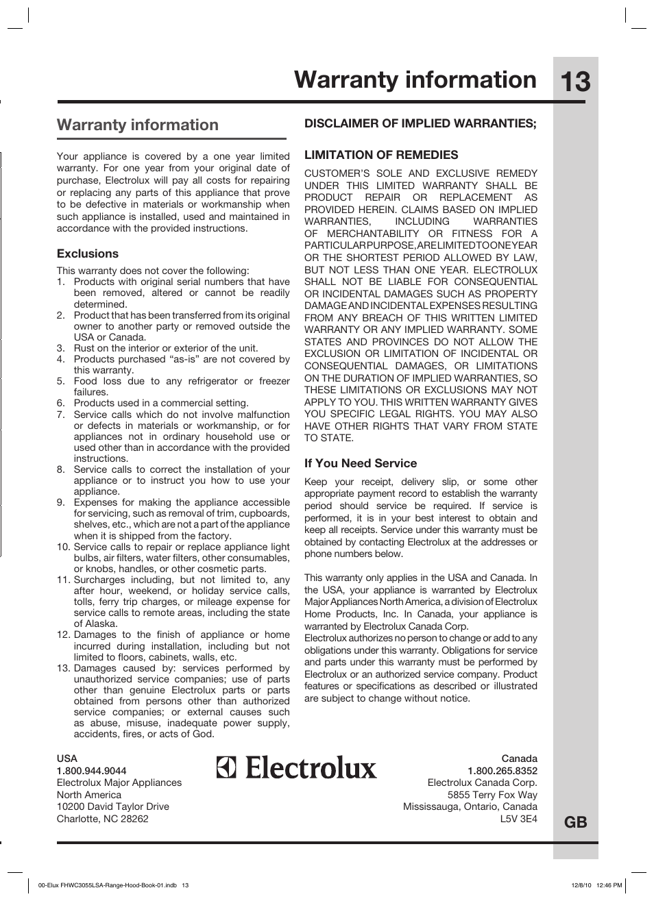 Troubleshooting warranty information, Gb troubleshooting, Environmental protection | Warranty information | FRIGIDAIRE FHWC3055LS User Manual | Page 13 / 13