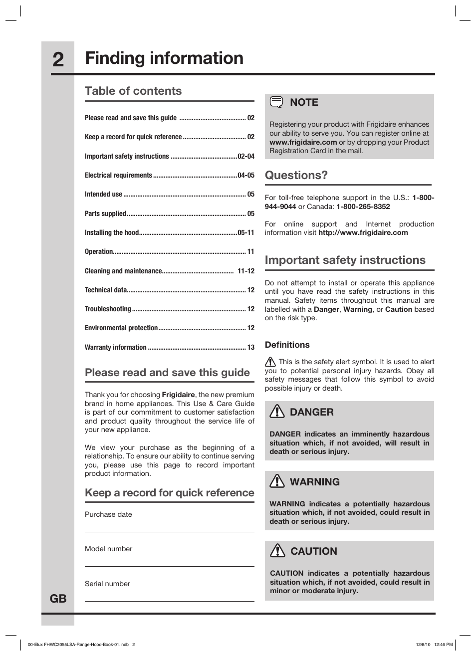 Important safety instructions finding information, Gb table of contents, Questions | Important safety instructions, Please read and save this guide, Keep a record for quick reference | FRIGIDAIRE FHWC3055LS User Manual | Page 2 / 13