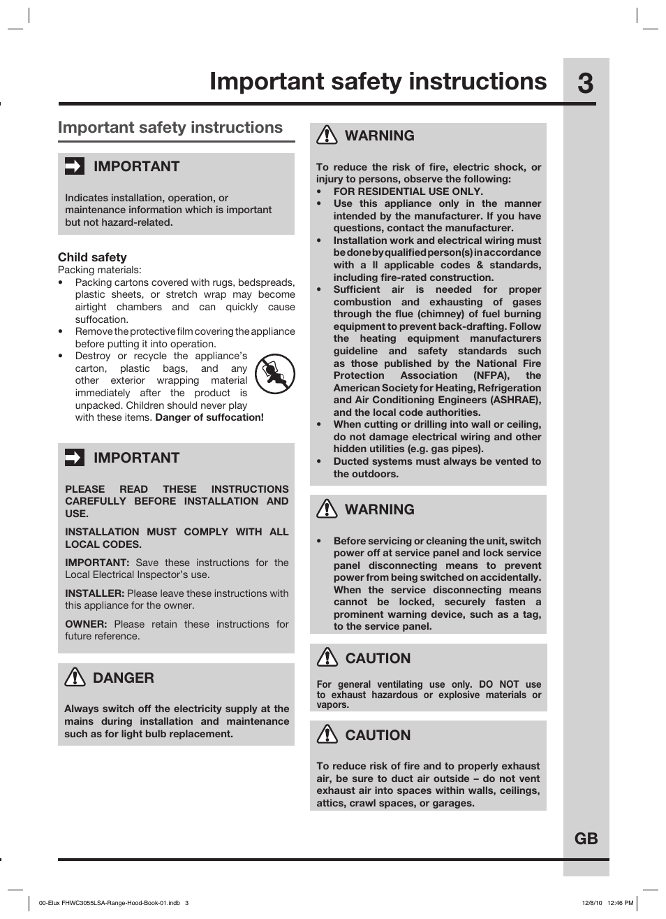 Important safety instructions finding information, Gb questions, Important safety instructions | Important, Danger, Warning, Caution | FRIGIDAIRE FHWC3055LS User Manual | Page 3 / 13