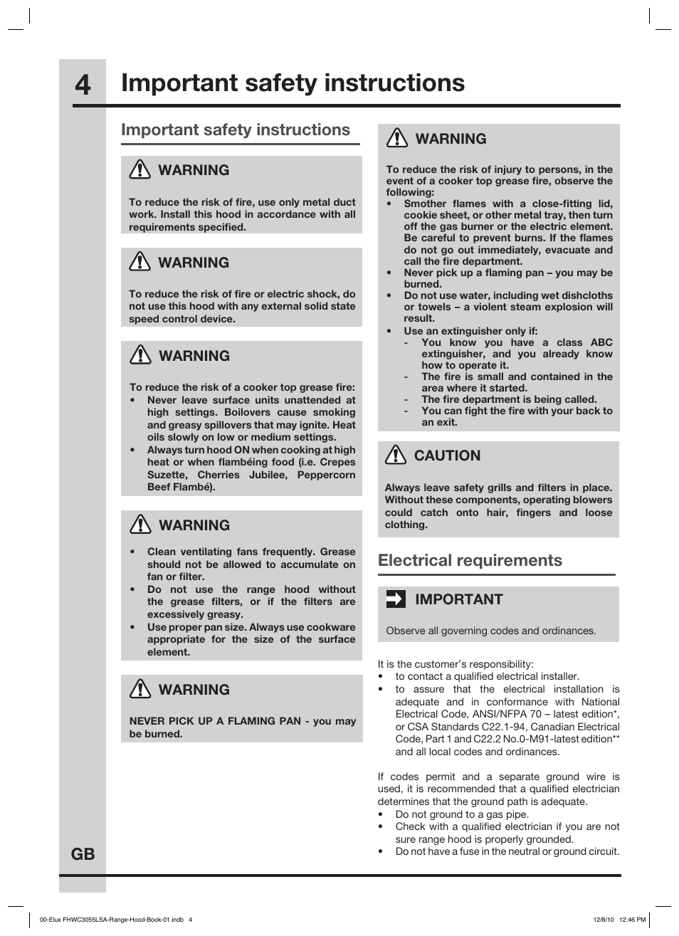 Important safety instructions installing the hood, Gb important safety instructions, Electrical requirements | Intended use, Parts supplied, Warning, Caution, Important | FRIGIDAIRE FHWC3055LS User Manual | Page 4 / 13