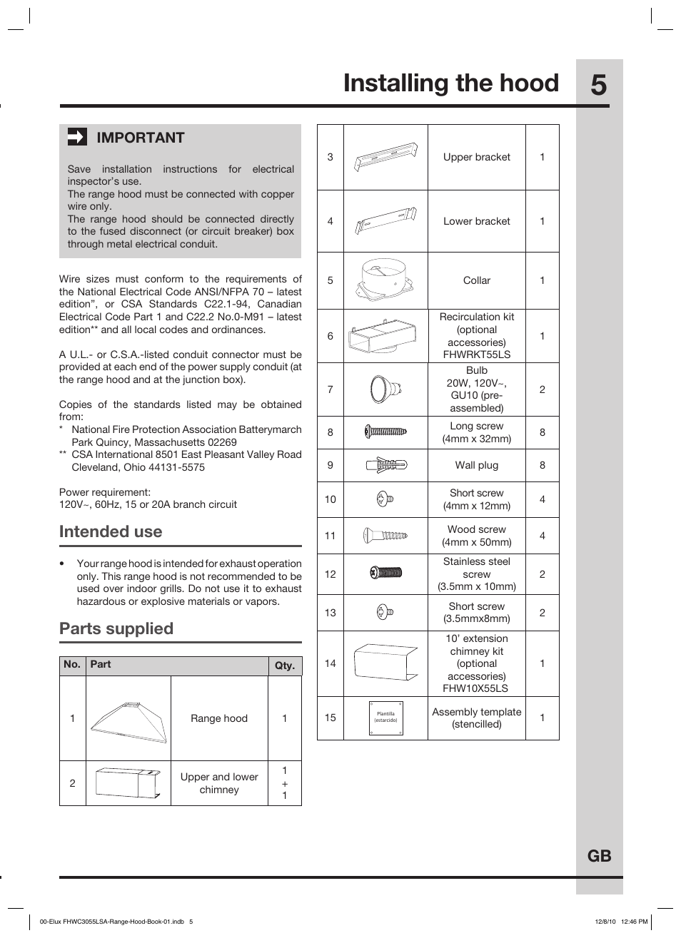 Important safety instructions installing the hood, Gb electrical requirements, Intended use | Parts supplied, Important | FRIGIDAIRE FHWC3055LS User Manual | Page 5 / 13