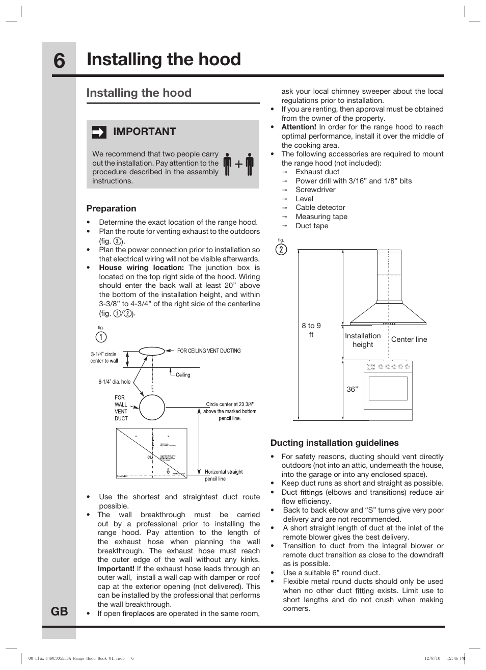Installing the hood, Gb installing the hood, Important | FRIGIDAIRE FHWC3055LS User Manual | Page 6 / 13