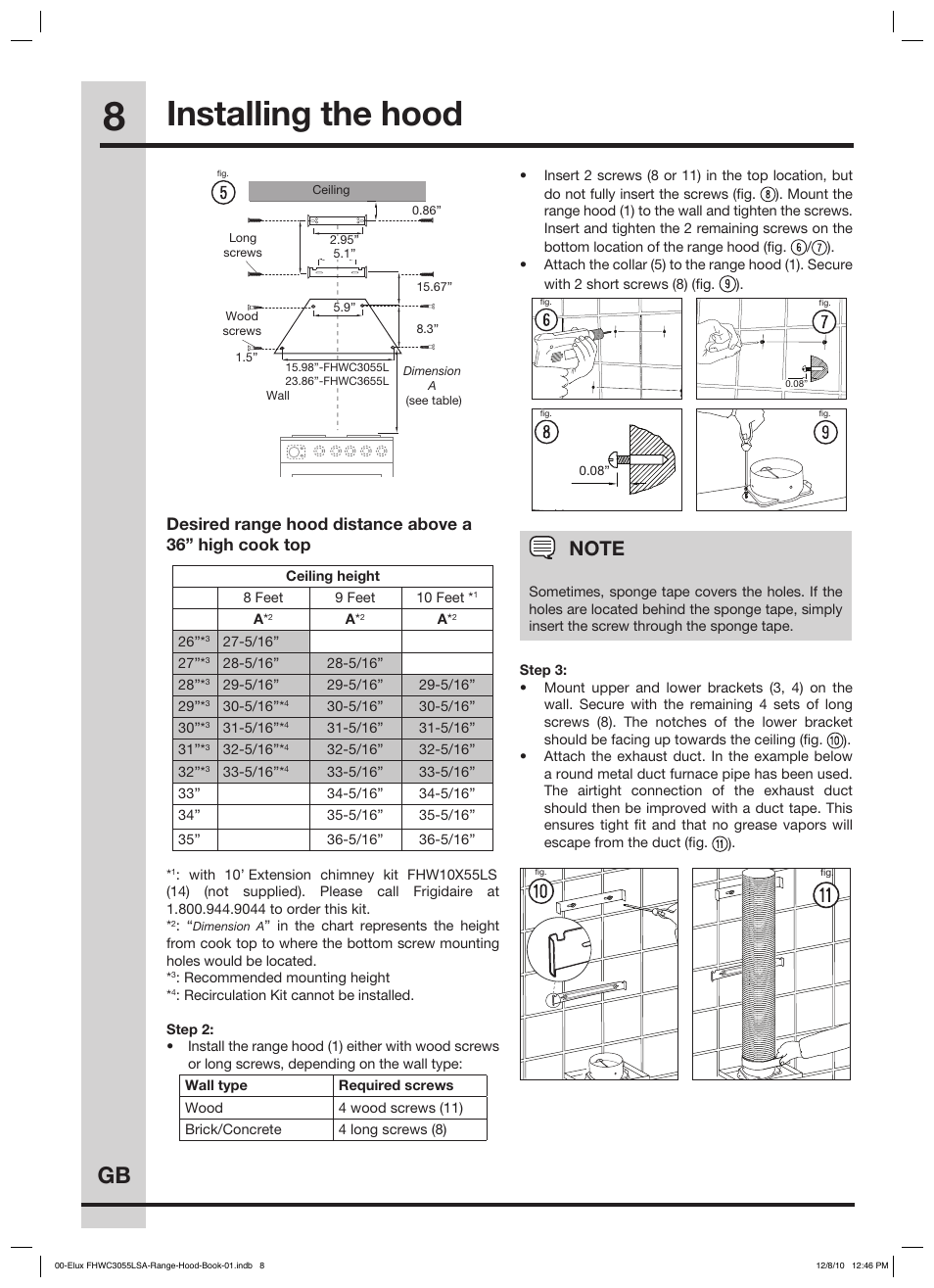 Installing the hood, Electrical connections | FRIGIDAIRE FHWC3055LS User Manual | Page 8 / 13