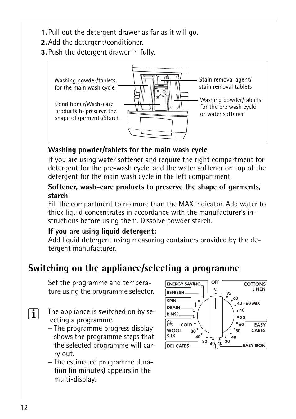 Switching on the appliance/selecting a programme | Electrolux LAVAMAT 76820 User Manual | Page 12 / 36