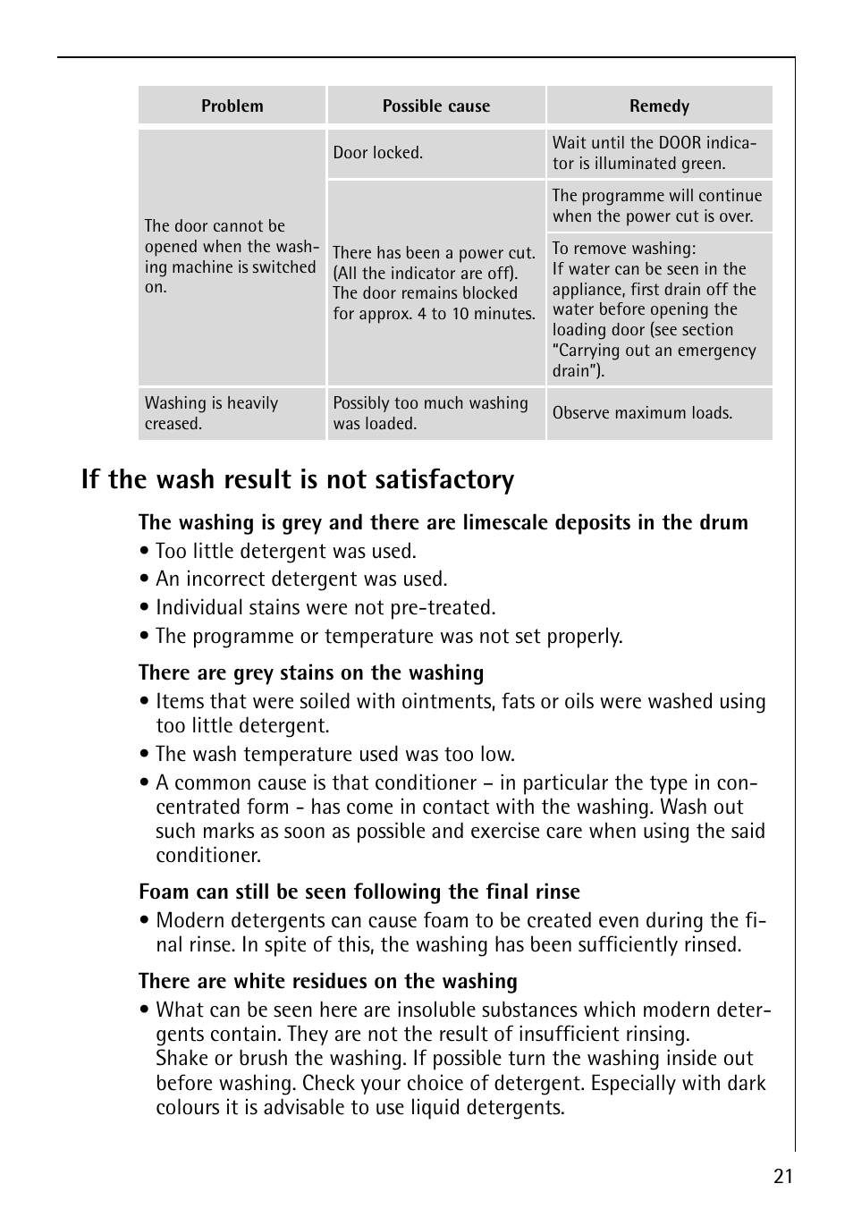 If the wash result is not satisfactory | Electrolux LAVAMAT 76820 User Manual | Page 21 / 36
