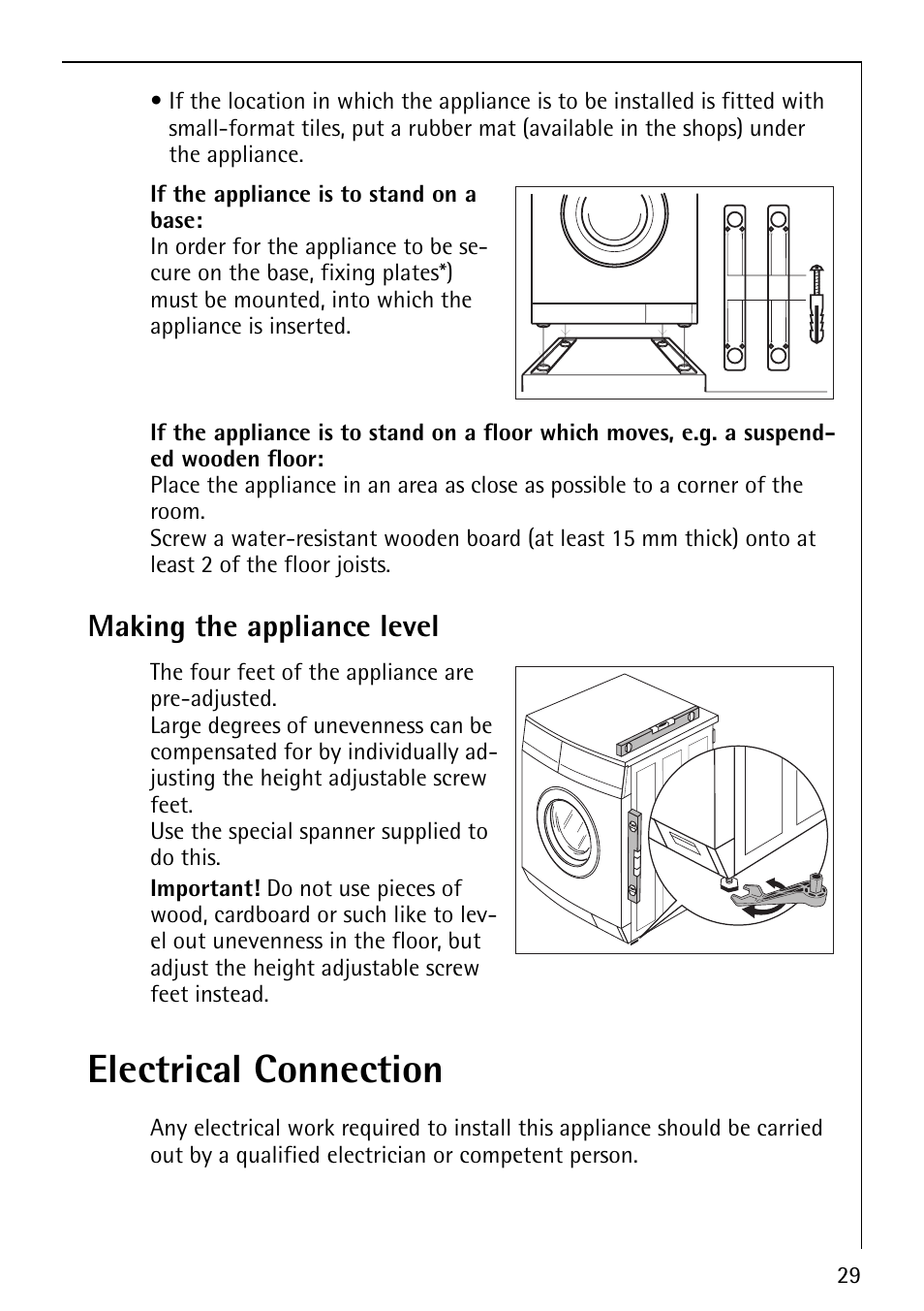 Electrical connection, Making the appliance level | Electrolux LAVAMAT 76820 User Manual | Page 29 / 36