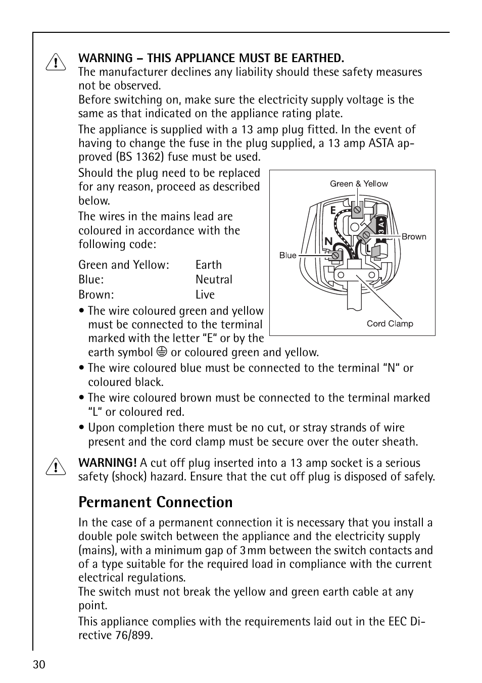Permanent connection | Electrolux LAVAMAT 76820 User Manual | Page 30 / 36